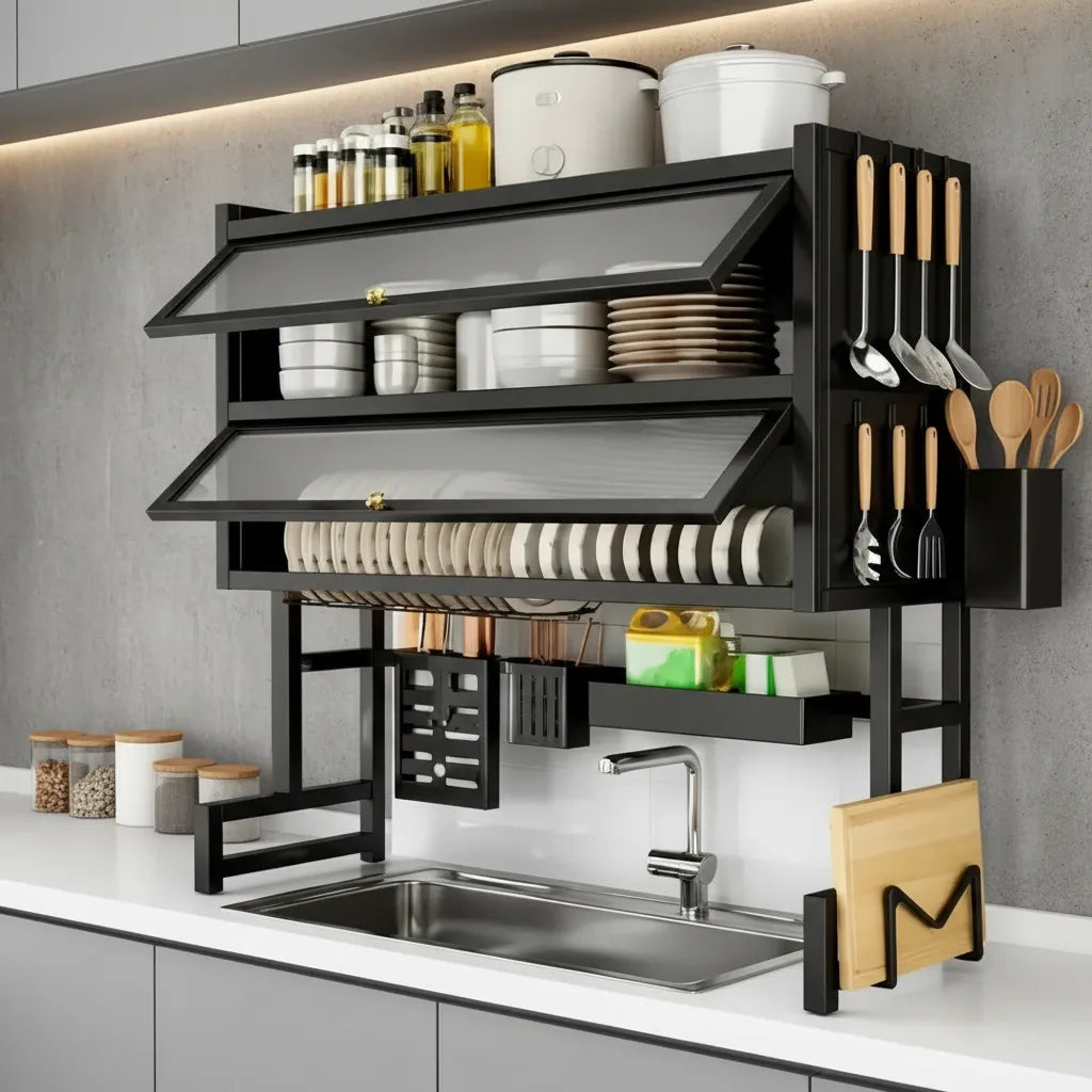 Escurridor Organizador De Platos 65cm Doble Tapa Negro