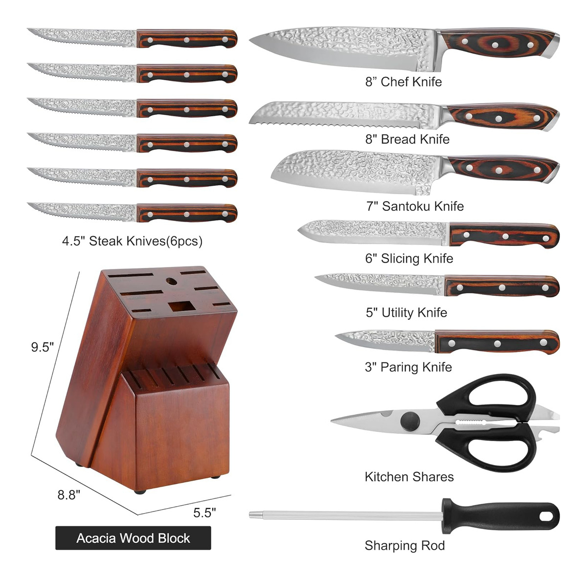 Juego Cuchillos Cocina Base Madera Acero Inoxidable Premium