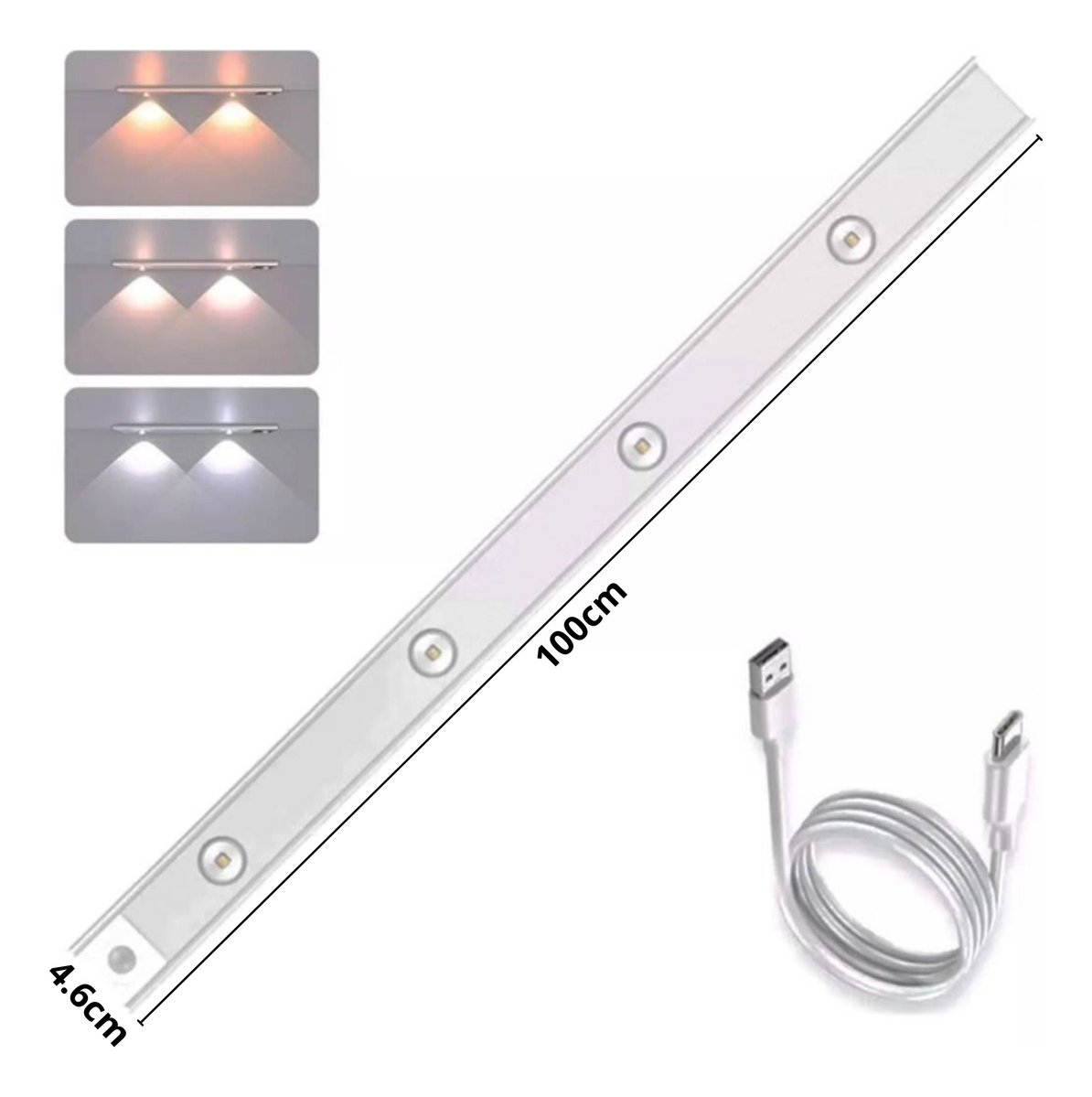 Lámpara Led Sensor Barra Luz Recargable 100cm 3 Tonos Luces