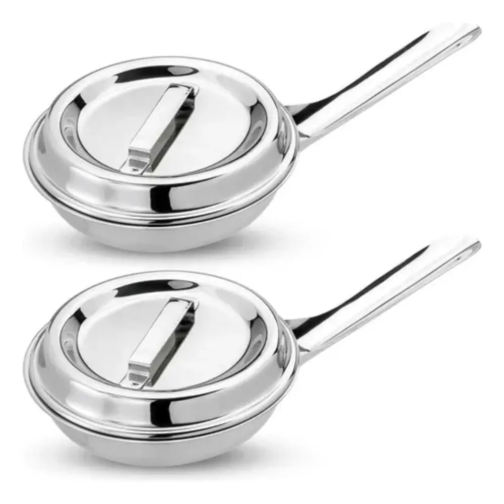 🍳✨Set X2 Sartenes De Acero Quirúrgico 18/10 Con Tapa Antiadherente🛡️🔥