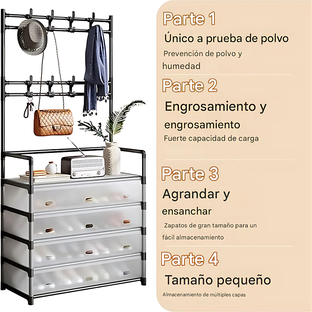 🖤 Zapatero Perchero Organizador Metálico con Guardapolvo – 4 Niveles + 4 Cajones
