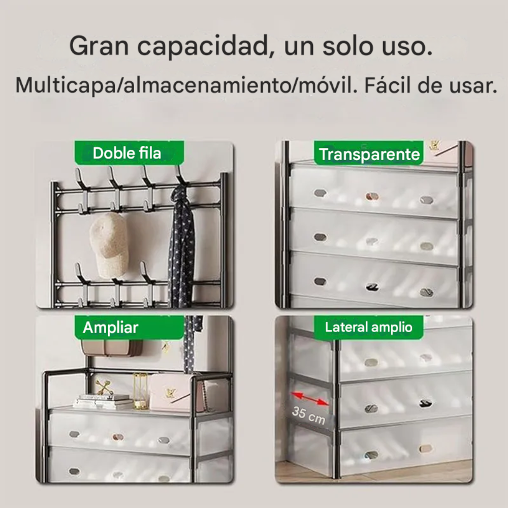🖤 Zapatero Perchero Organizador Metálico con Guardapolvo – 4 Niveles + 4 Cajones