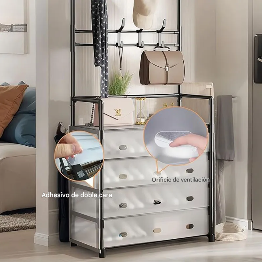 🖤 Zapatero Perchero Organizador Metálico con Guardapolvo – 4 Niveles + 4 Cajones