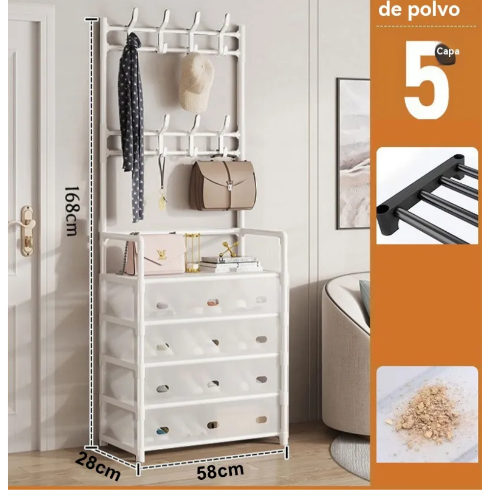 🖤 Zapatero Perchero Organizador Metálico con Guardapolvo – 4 Niveles + 4 Cajones
