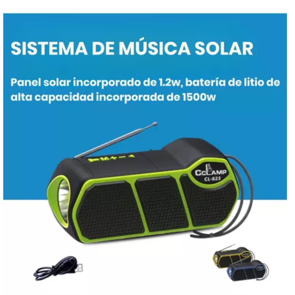 Radio Fm Portatil Bluetooth Con Panel Solar Linterna Cclamp CL-823