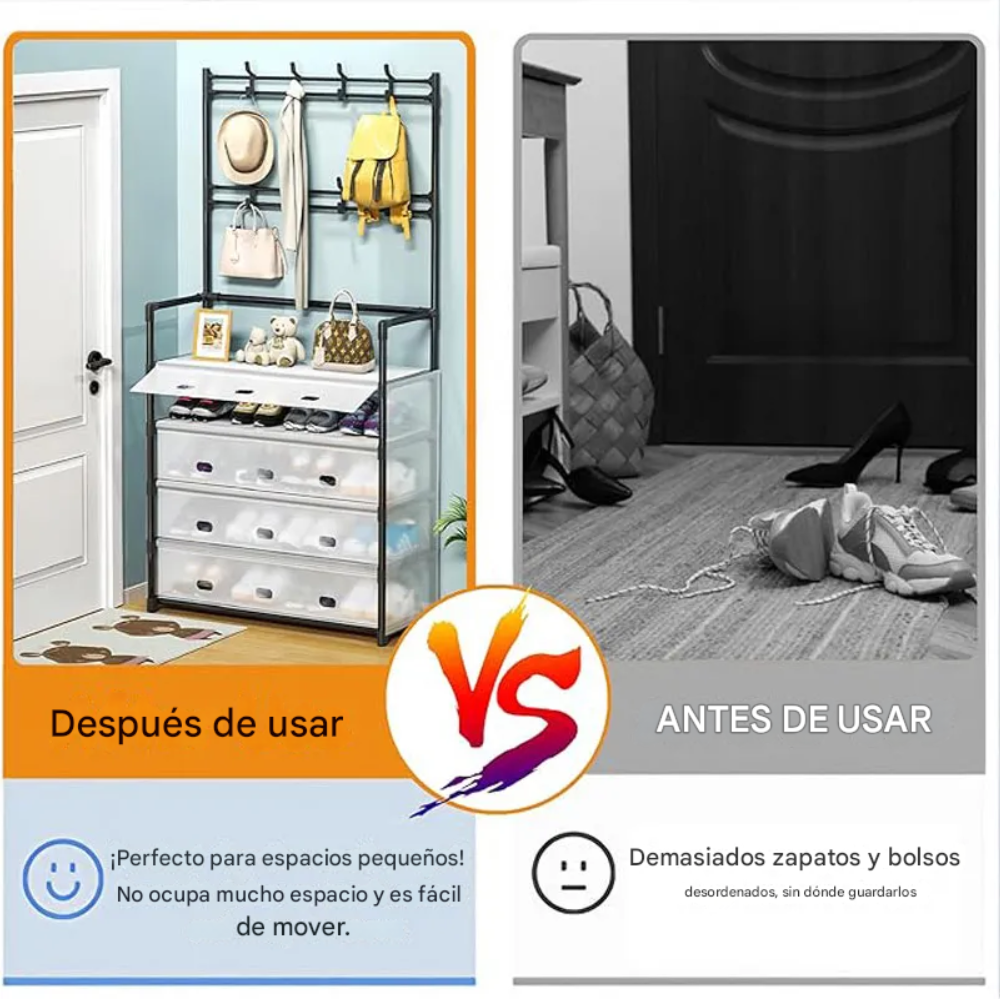 🖤 Zapatero Perchero Organizador Metálico con Guardapolvo – 4 Niveles + 4 Cajones