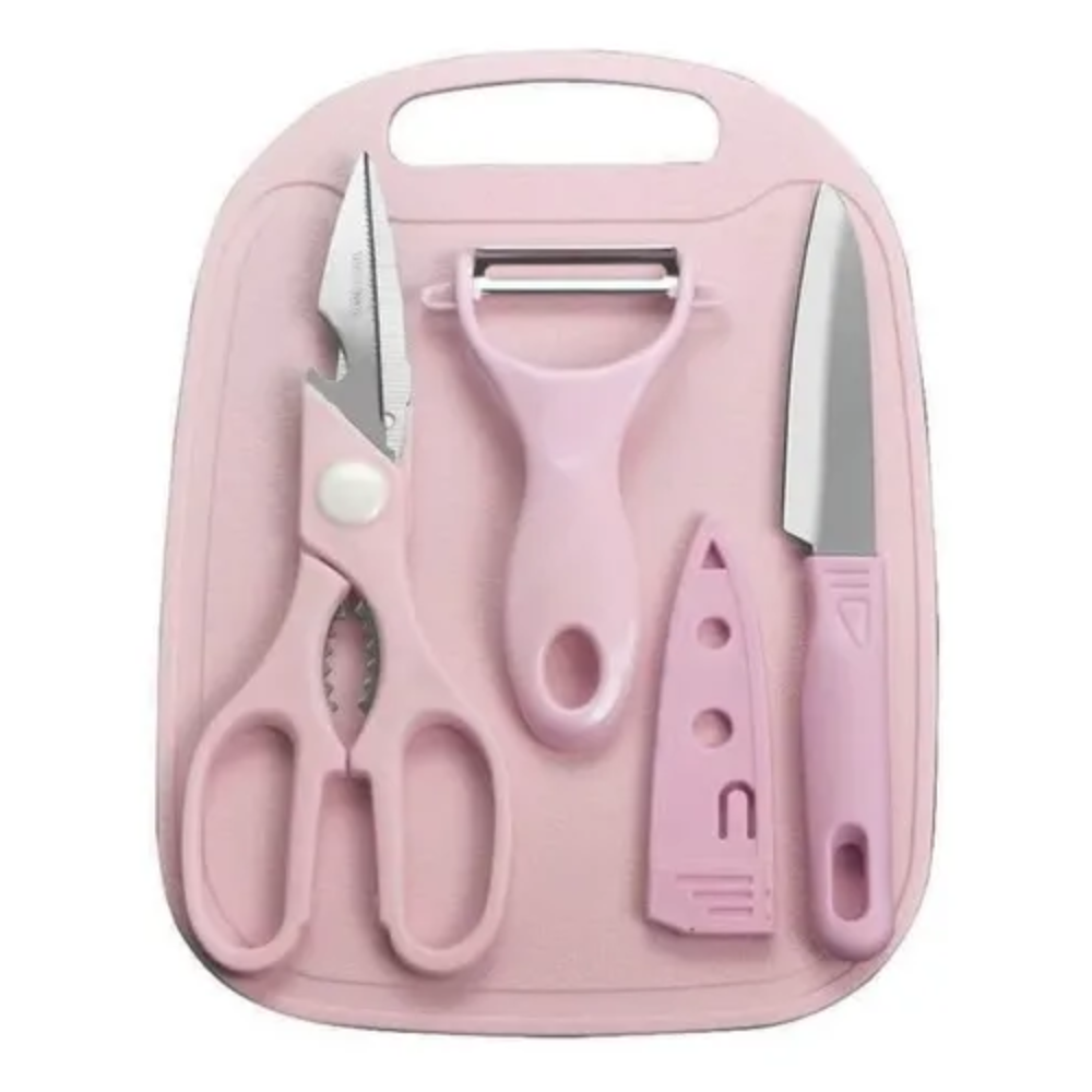Kit Herramientas Cocina Cuchillos Con Tabla Rosa Pálido