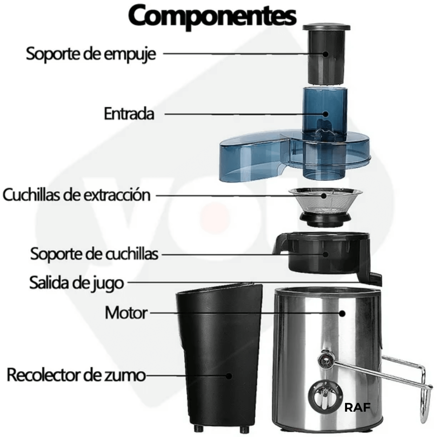 Extractor De Jugos Electrico Automatico Marca Raf Original Para Frutas Y Verduras Potencia 1000w 450m