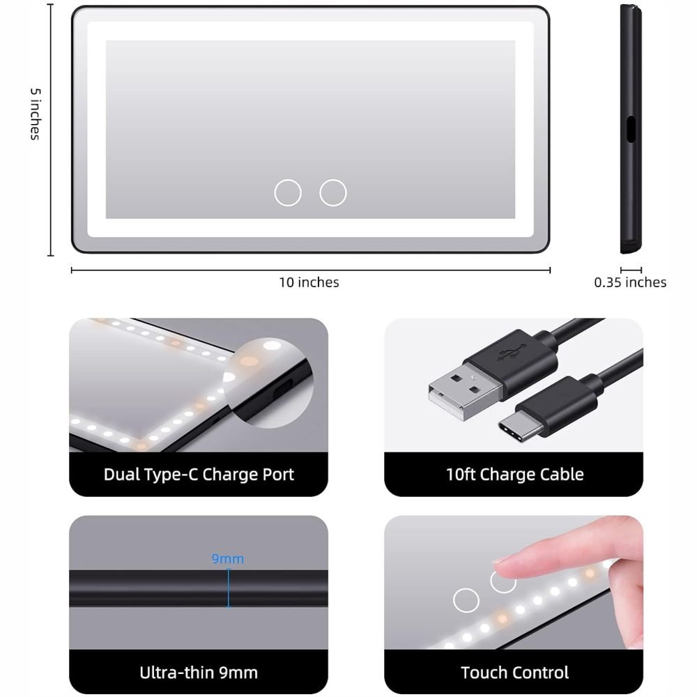 ESPEJO DE MAQUILLAJE RECARGABLE 3 TONOS LED PARA CARRO