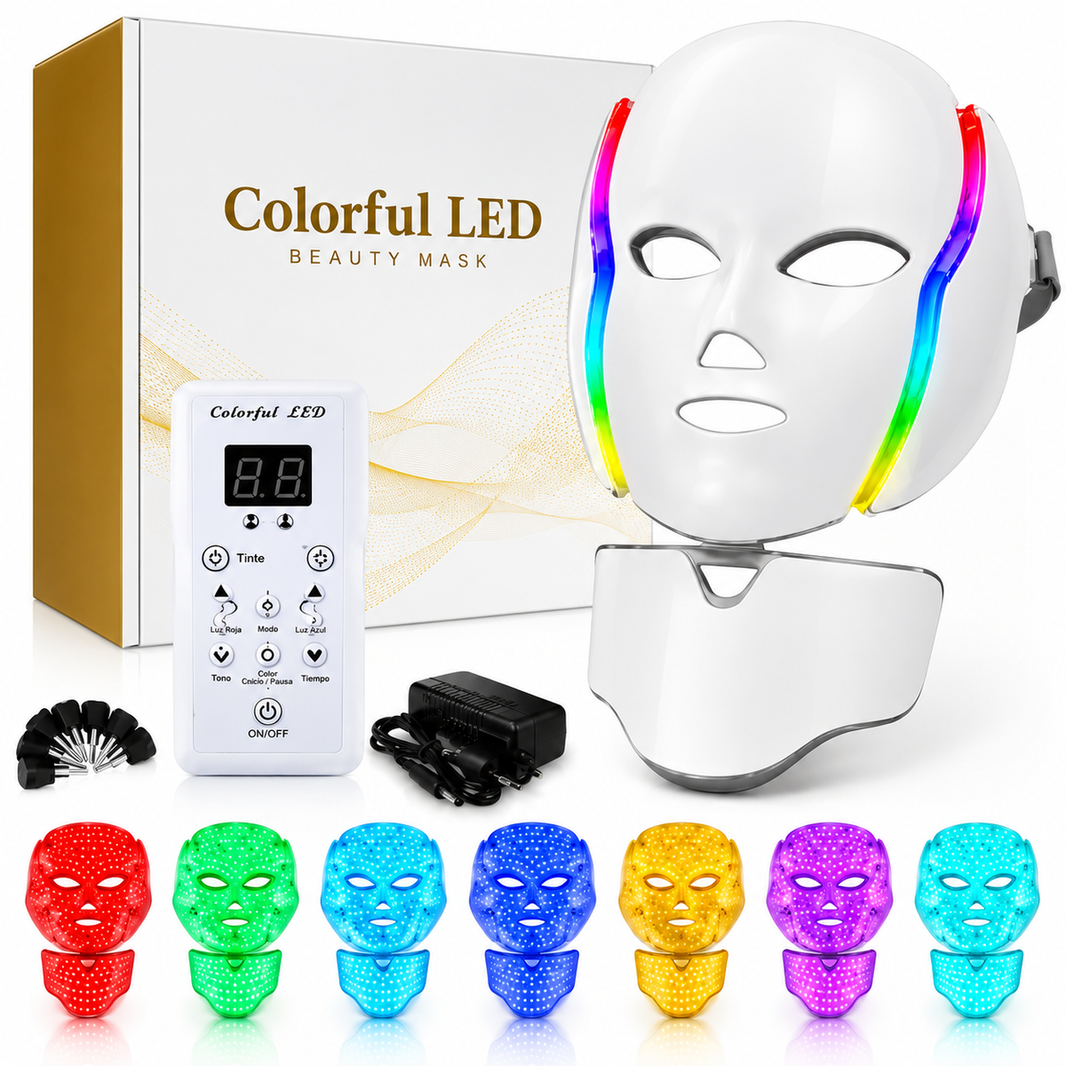 Mascarilla Fototerapia Hyiear 192 LED Siete Colores Cara Cuello