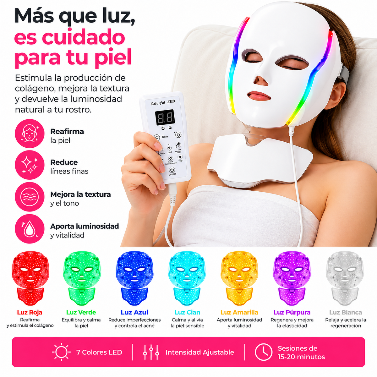 Mascarilla Fototerapia Hyiear 192 LED Siete Colores Cara Cuello
