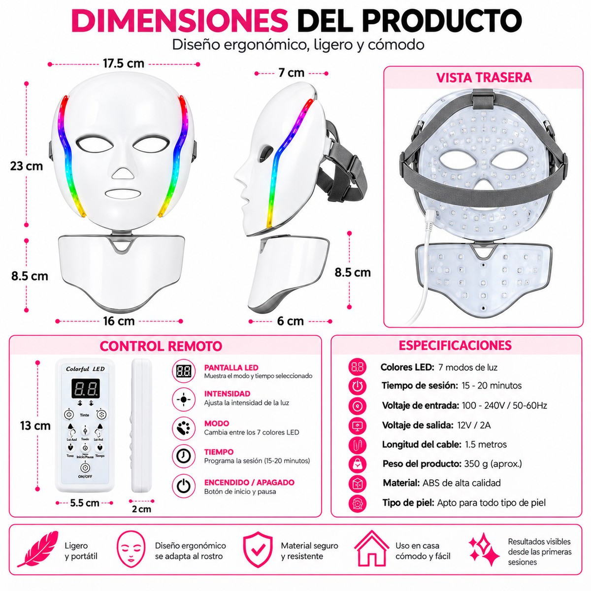 Mascarilla Fototerapia Hyiear 192 LED Siete Colores Cara Cuello