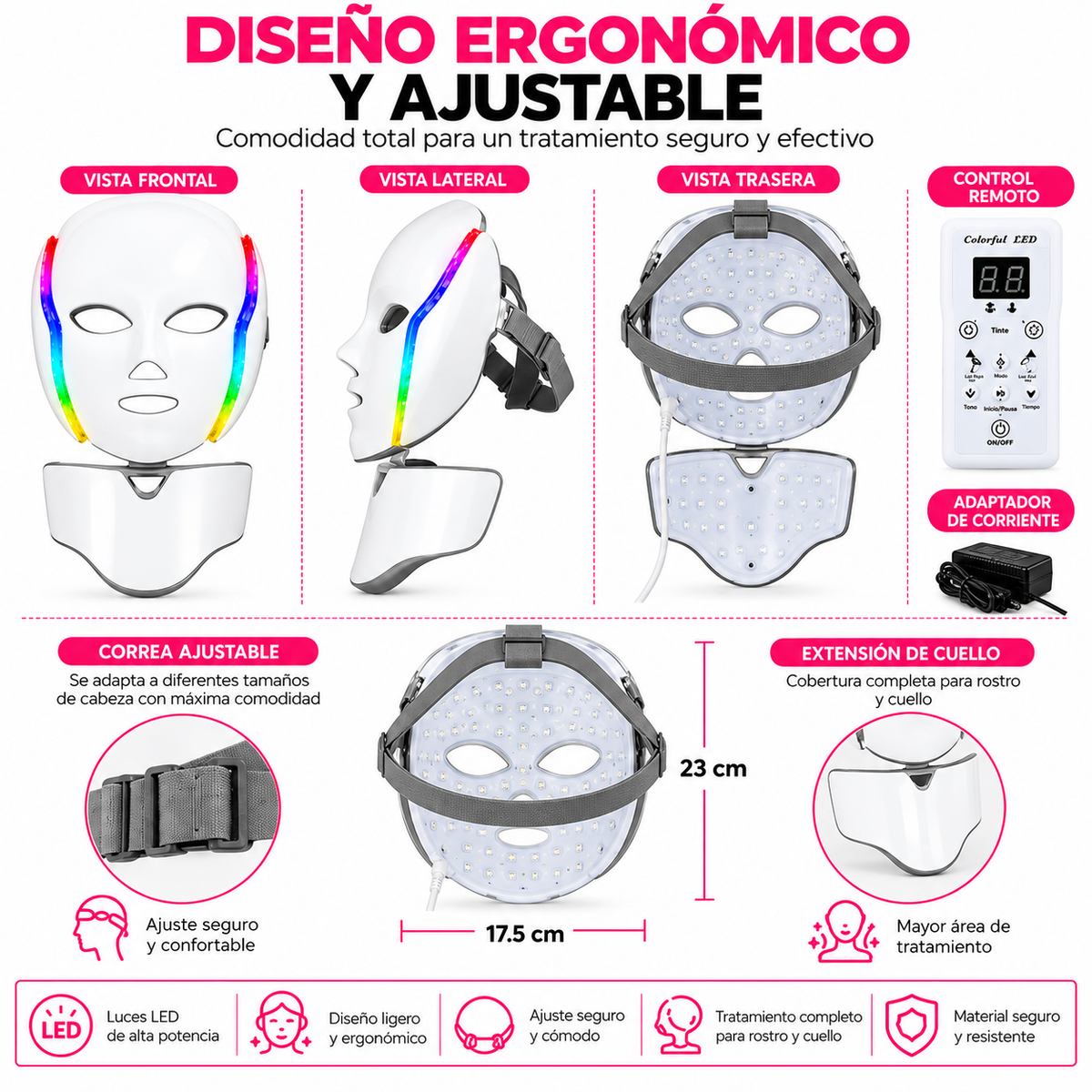 Mascarilla Fototerapia Hyiear 192 LED Siete Colores Cara Cuello