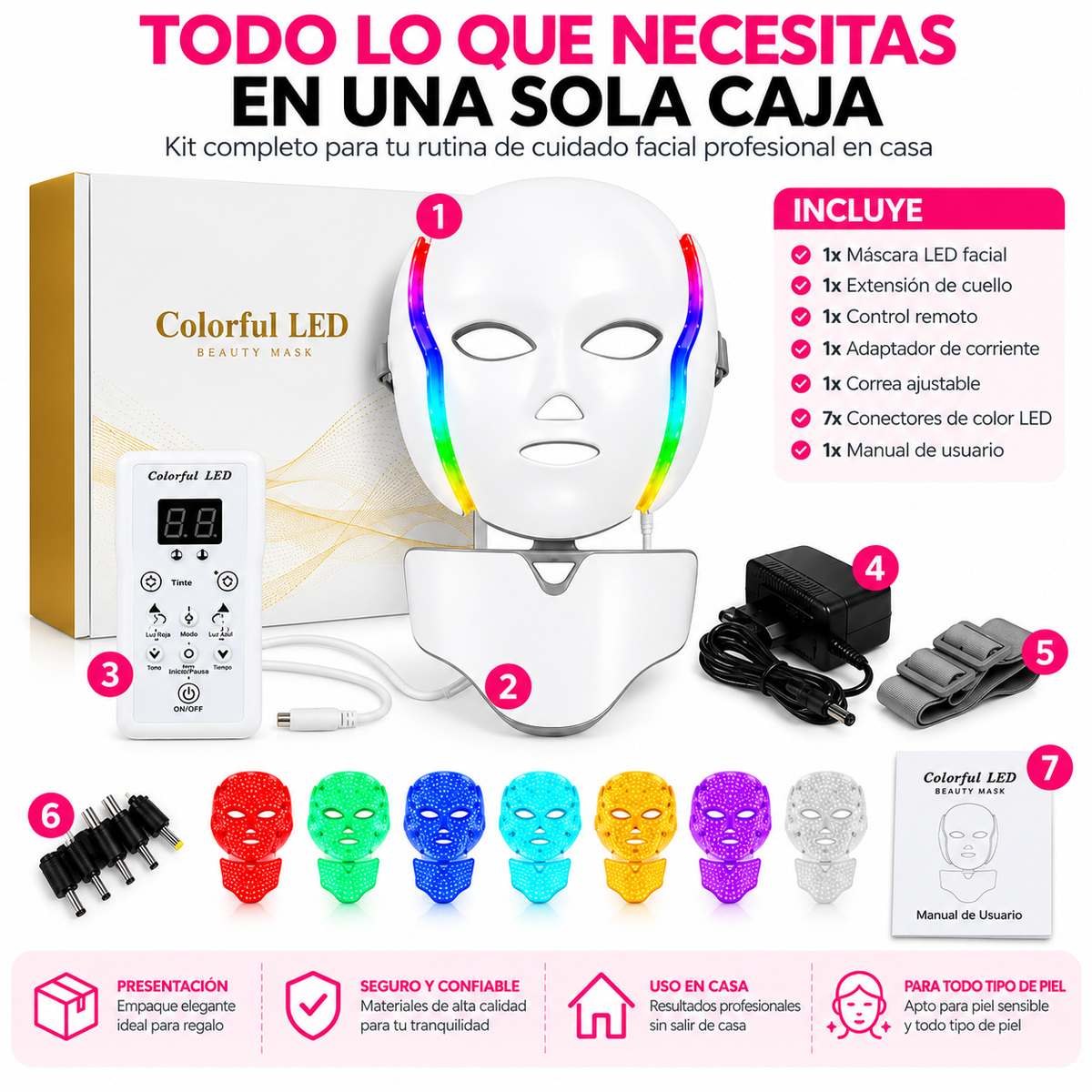 Mascarilla Fototerapia Hyiear 192 LED Siete Colores Cara Cuello