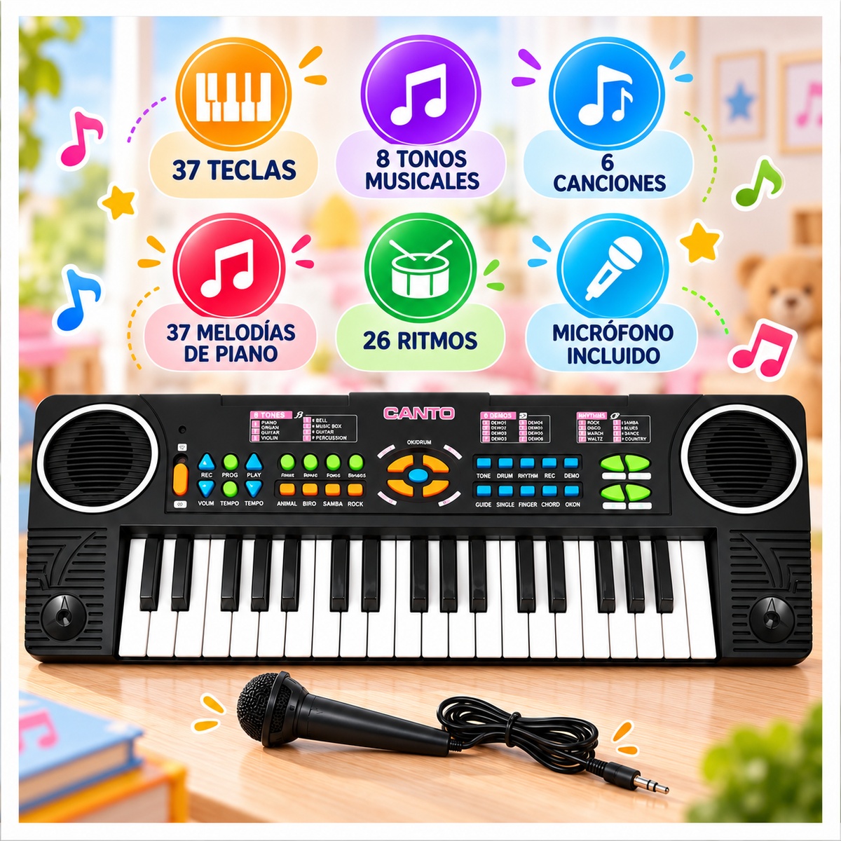 Piano Organeta Infantil 37 Teclas Micrófono Ritmos Música