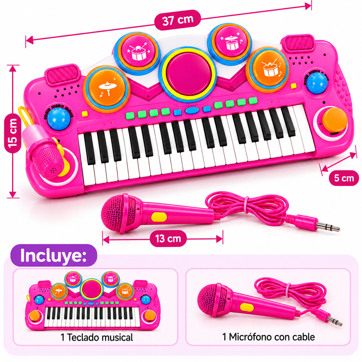 Piano Organeta Musical Infantil 37 Teclas Micrófono Rosado