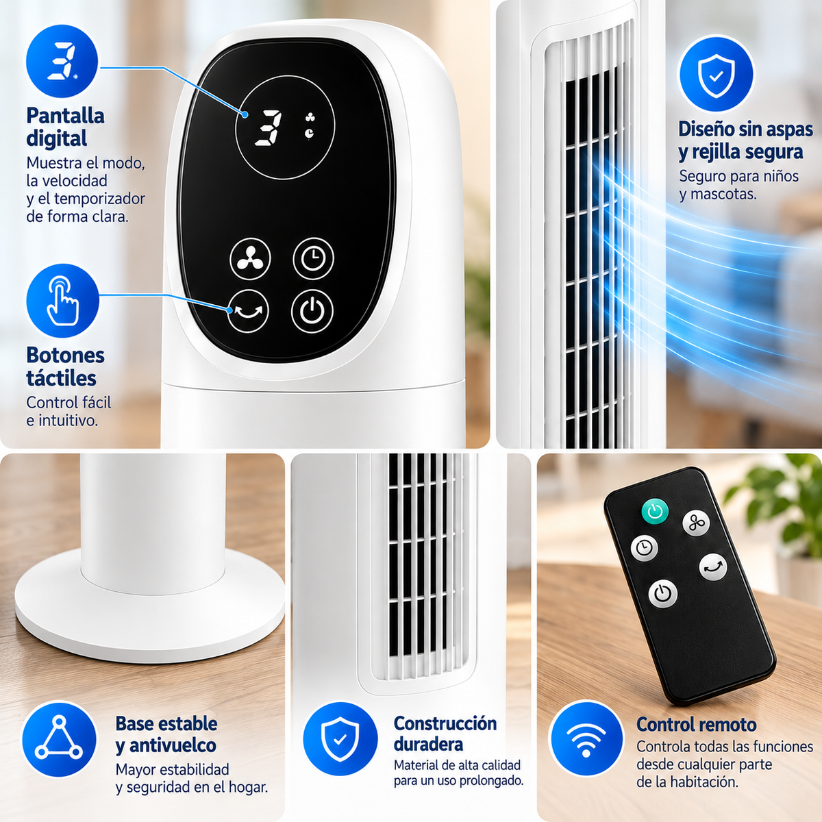 Ventilador Torre Recargable Control Remoto 3 Velocidades Digital