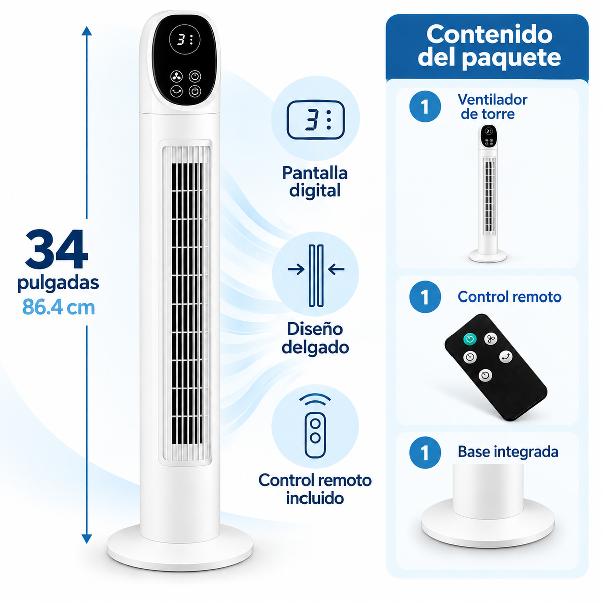 Ventilador Torre Recargable Control Remoto 3 Velocidades Digital