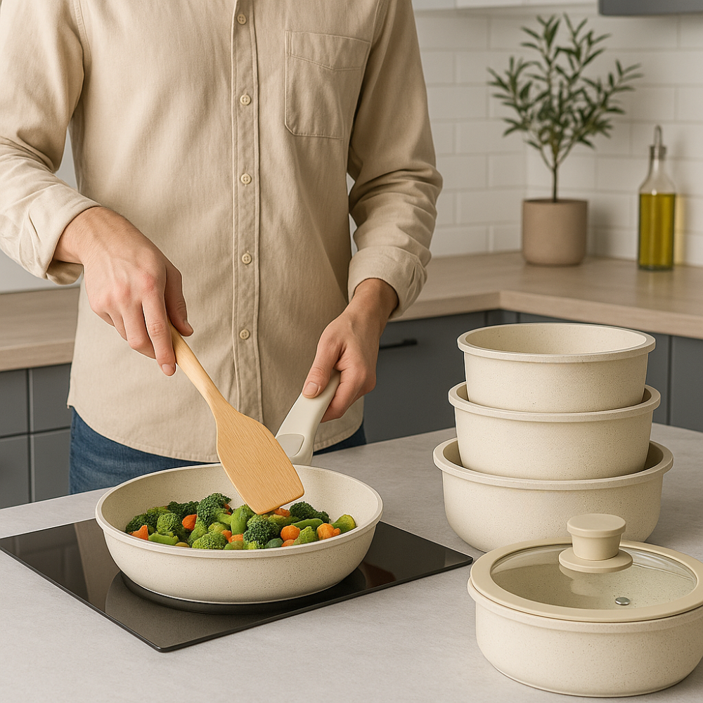 ✨Bateria Ollas Marmol Mango Desmontable Regalo Set Utensilios✨