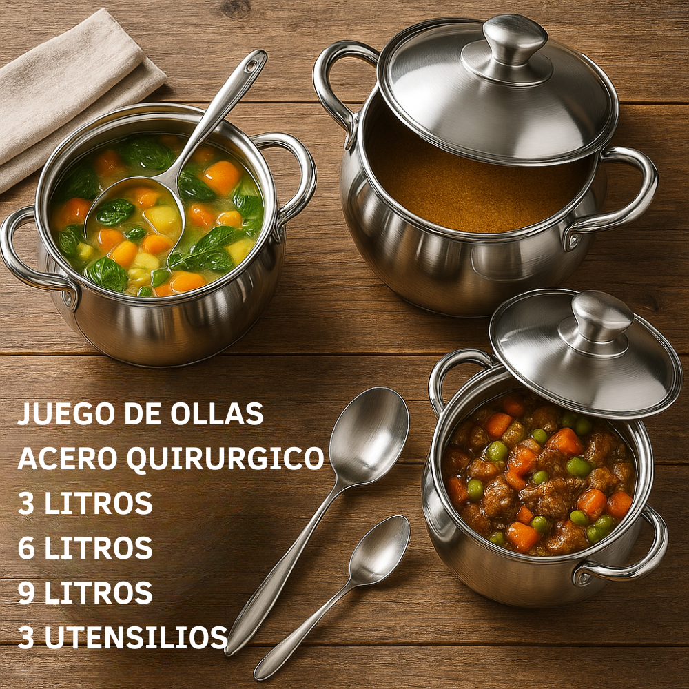 Bateria Cocina Juego Ollas Acero Quirurgico 3,6,9l Swisshome