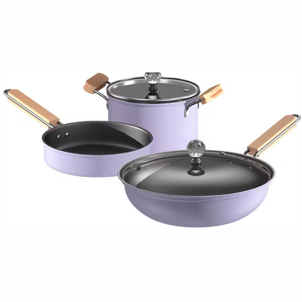 Juego De Ollas Bateria De Cocina Violeta 5 Pcs Tapa Vidrio