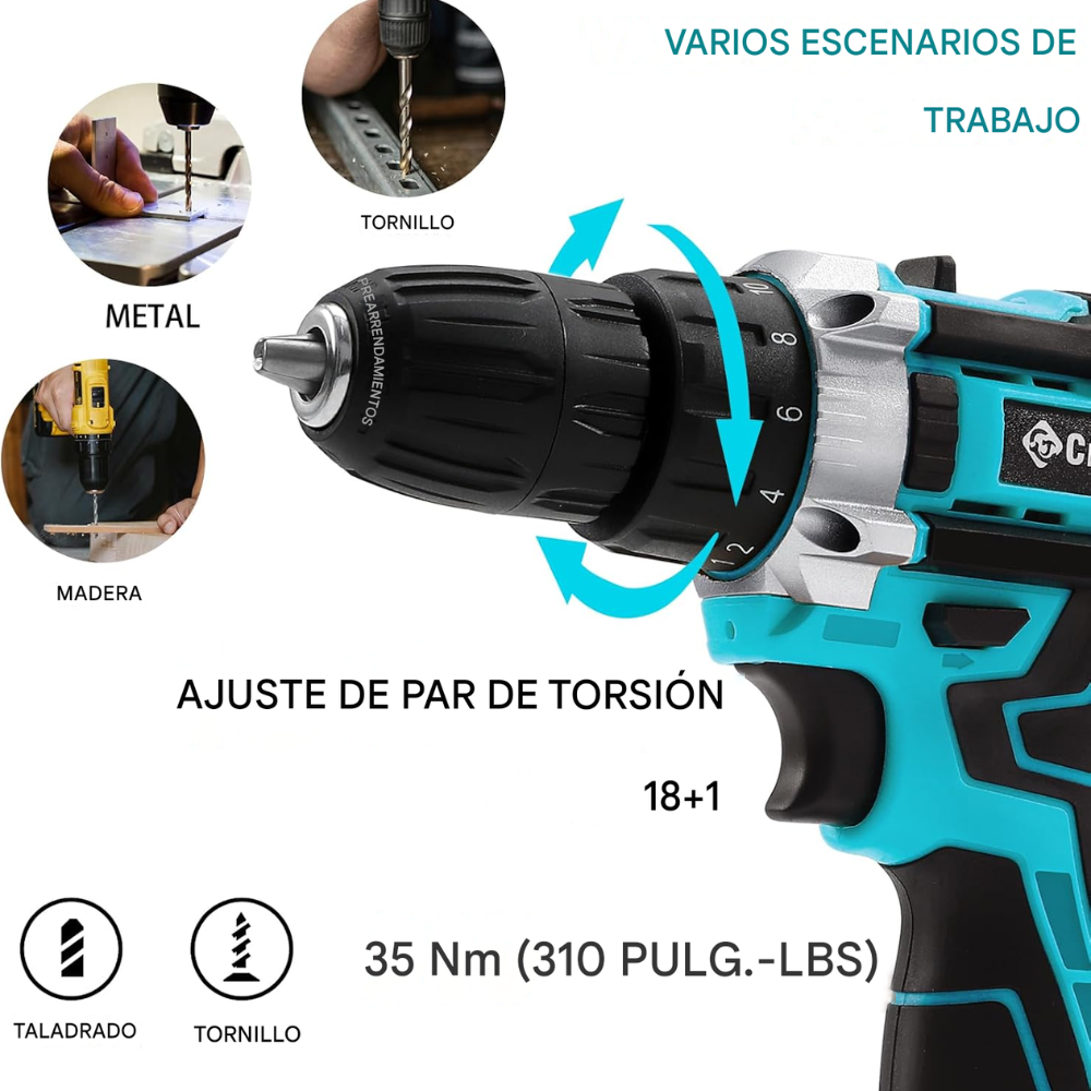 Taladro Inalámbrico 56v Kit Brocas Doble Batería Recargable