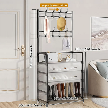 🖤 Zapatero Perchero Organizador Metálico con Guardapolvo – 4 Niveles + 4 Cajones