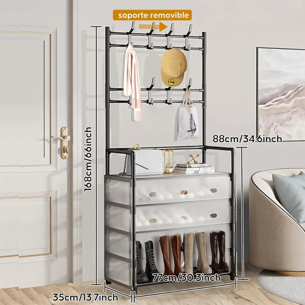 🖤 Zapatero Perchero Organizador Metálico con Guardapolvo – 4 Niveles + 4 Cajones
