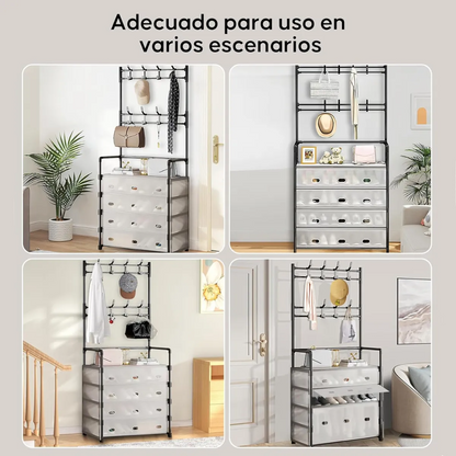 🖤 Zapatero Perchero Organizador Metálico con Guardapolvo – 4 Niveles + 4 Cajones