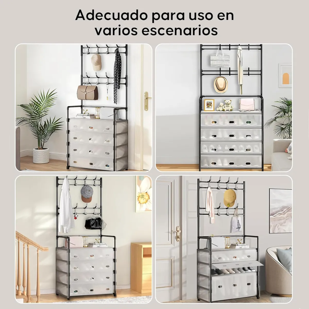 🖤 Zapatero Perchero Organizador Metálico con Guardapolvo – 4 Niveles + 4 Cajones