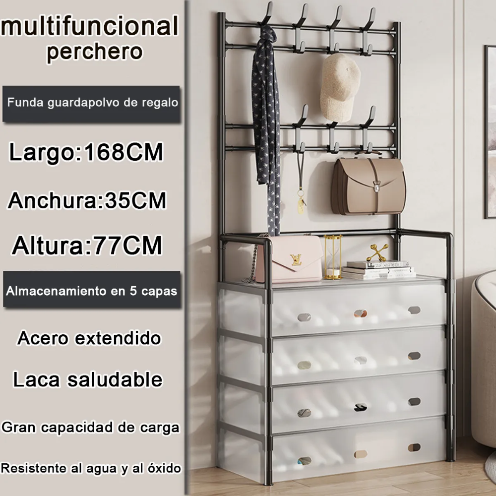 🖤 Zapatero Perchero Organizador Metálico con Guardapolvo – 4 Niveles + 4 Cajones