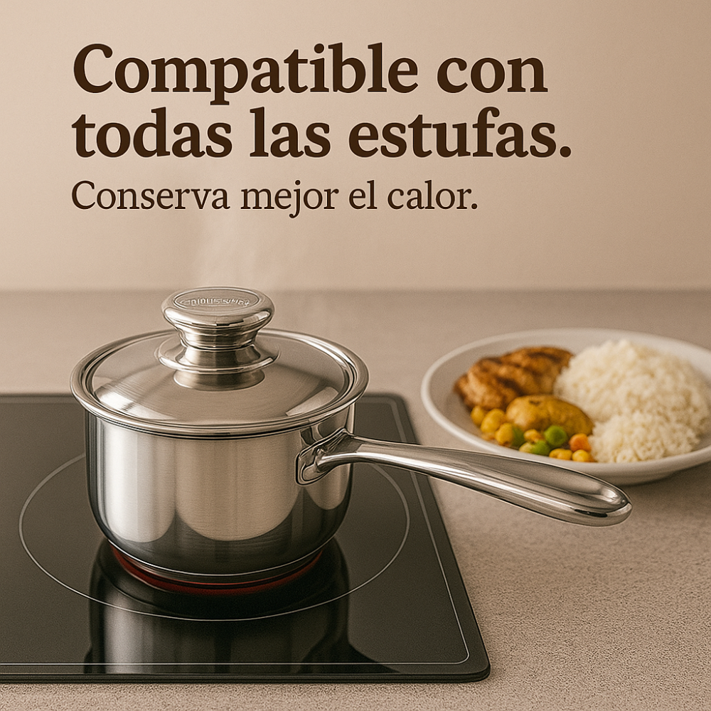 Olla 1 Litro Acero Quirúrgico Premium Con Tapa Inducción