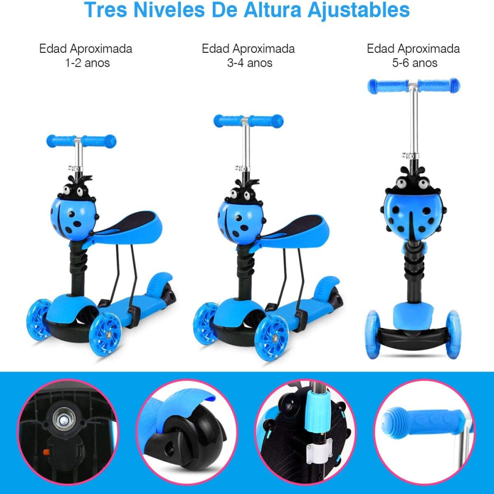 Patineta Para Niños Scooter Mariquita Luces Led Ajustable