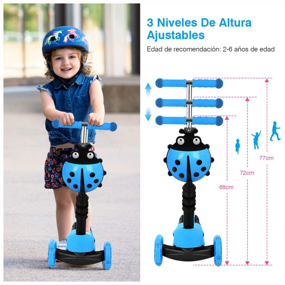 Patineta Para Niños Scooter Mariquita Luces Led Ajustable