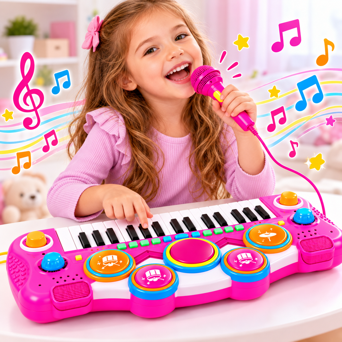 Piano Organeta Musical Infantil 37 Teclas Micrófono Rosado