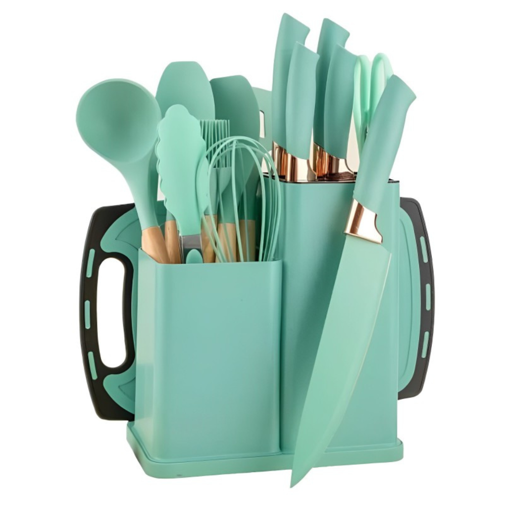 Set De Utensilios De Cocina Silicona Y Cuchillos Tabla 19pcs