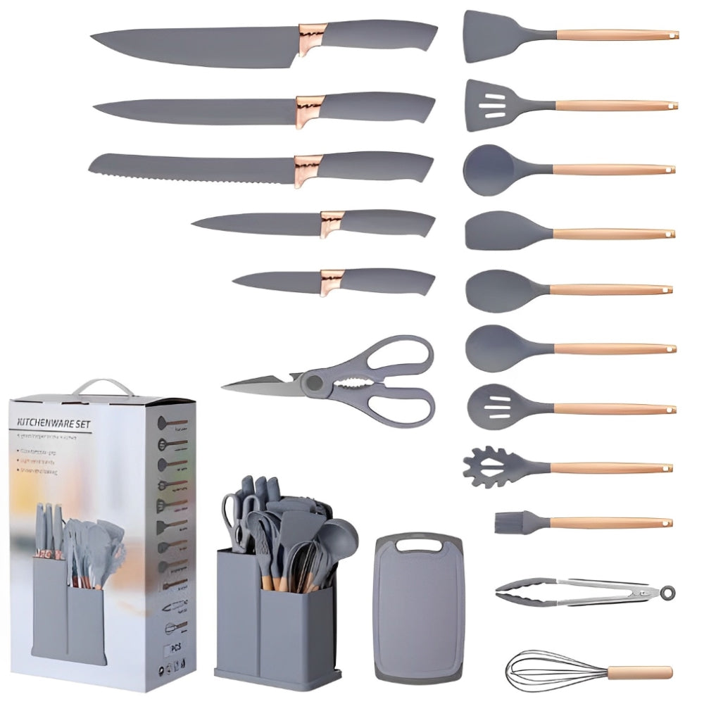 Set De Utensilios De Cocina Silicona Y Cuchillos Tabla 19pcs