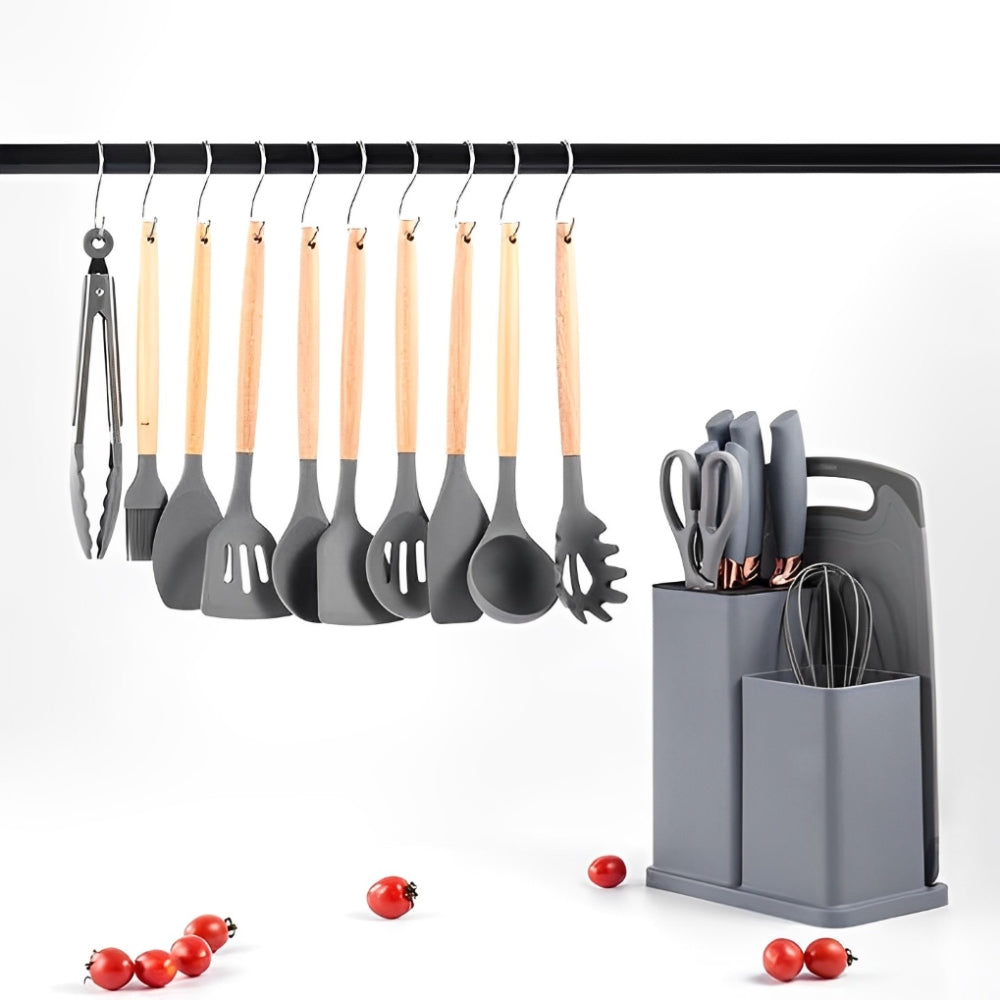Set De Utensilios De Cocina Silicona Y Cuchillos Tabla 19pcs
