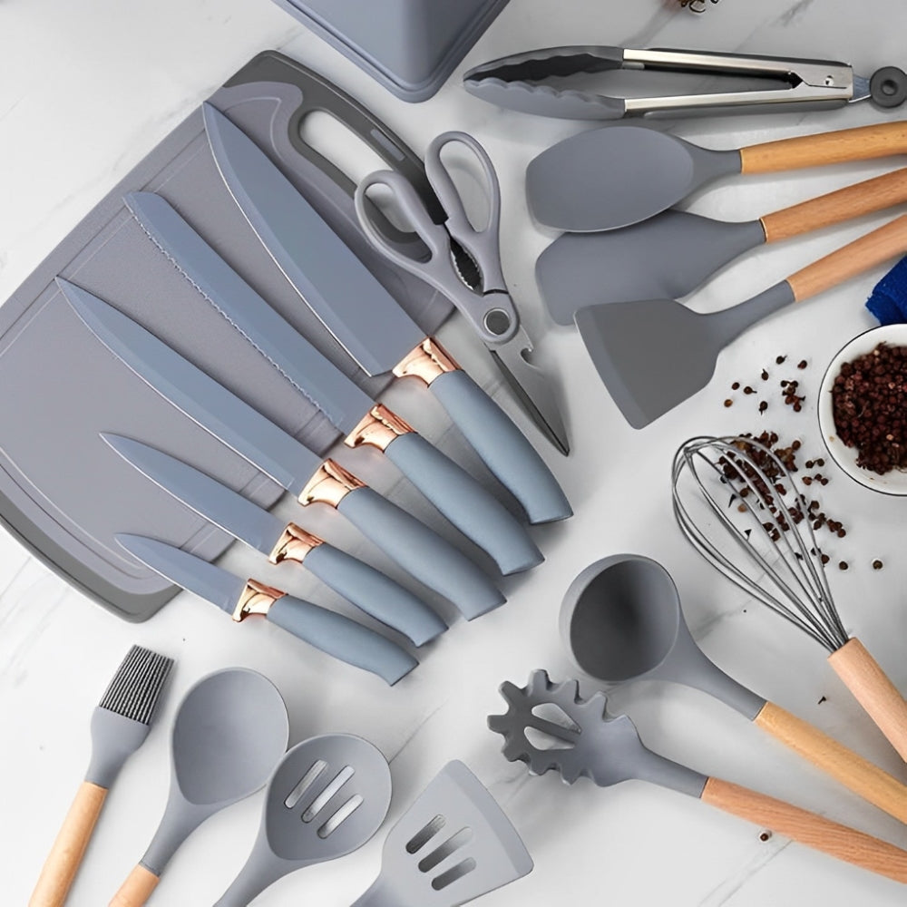 Set De Utensilios De Cocina Silicona Y Cuchillos Tabla 19pcs