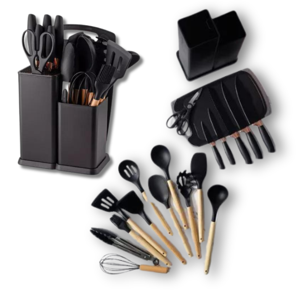 Set De Utensilios De Cocina Silicona Y Cuchillos Tabla 19pcs