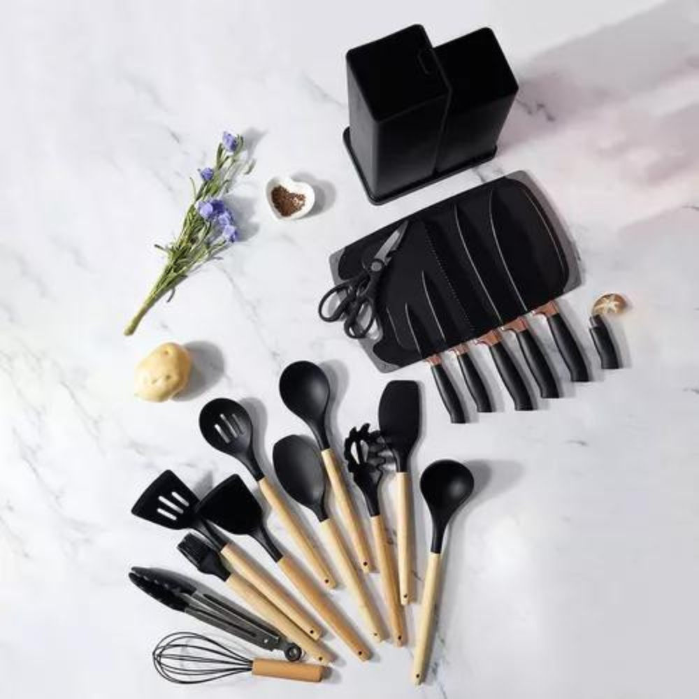 Set De Utensilios De Cocina Silicona Y Cuchillos Tabla 19pcs