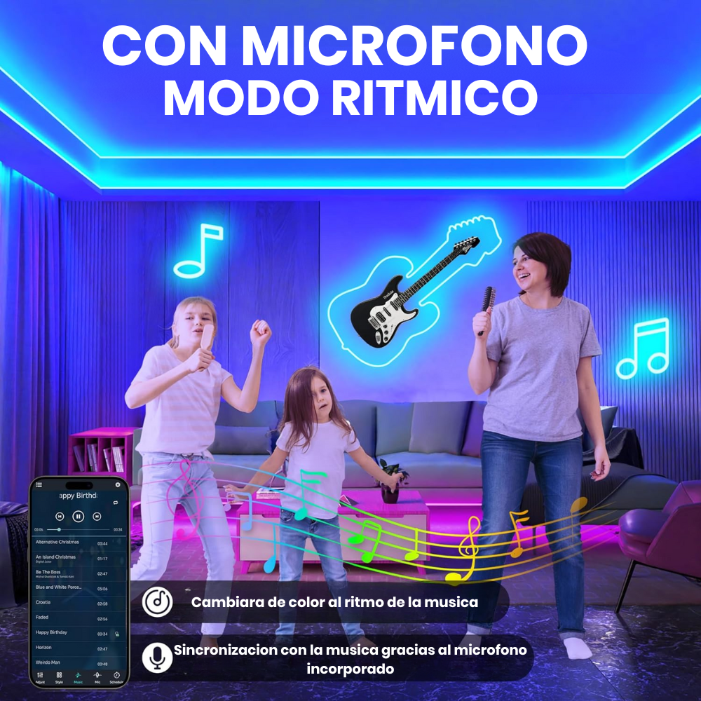 🌈💡Tira Luz Led Neon Rgb Manguera 7 Metros Micrófono Rítmica🎉🎶