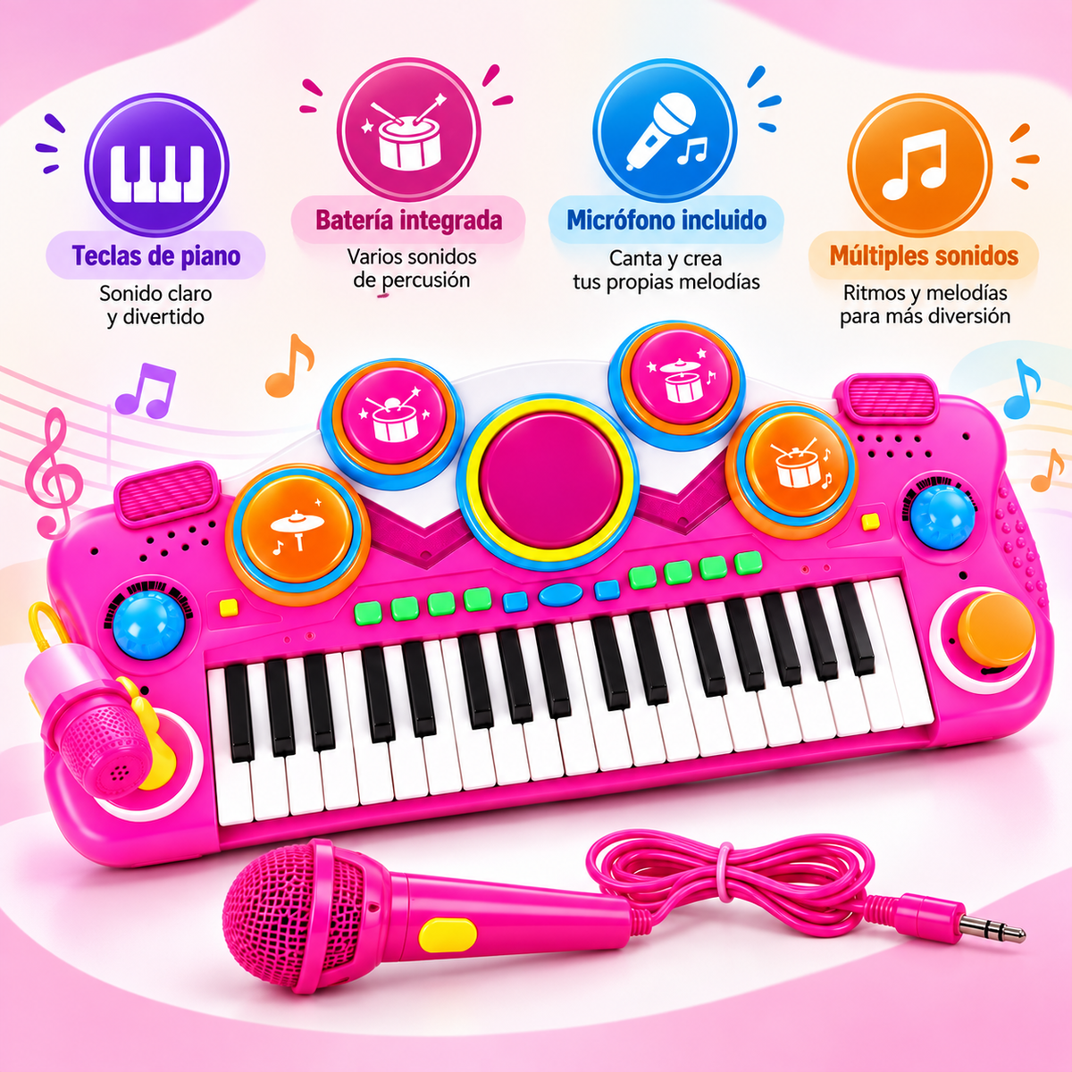 Piano Organeta Musical Infantil 37 Teclas Micrófono Rosado