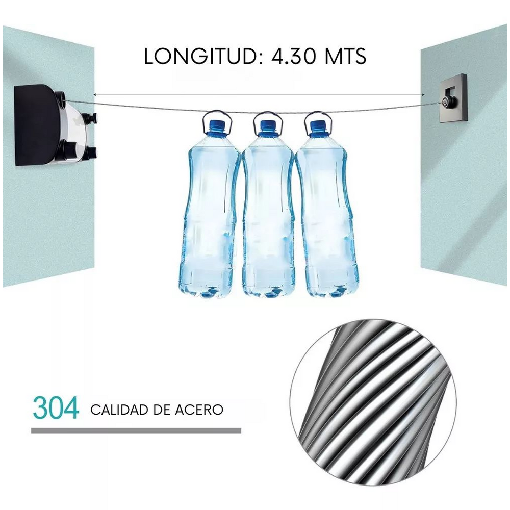 🌟Tendedero De Ropa Retráctil 2 Cuerdas Acero Inoxidable 4.30m