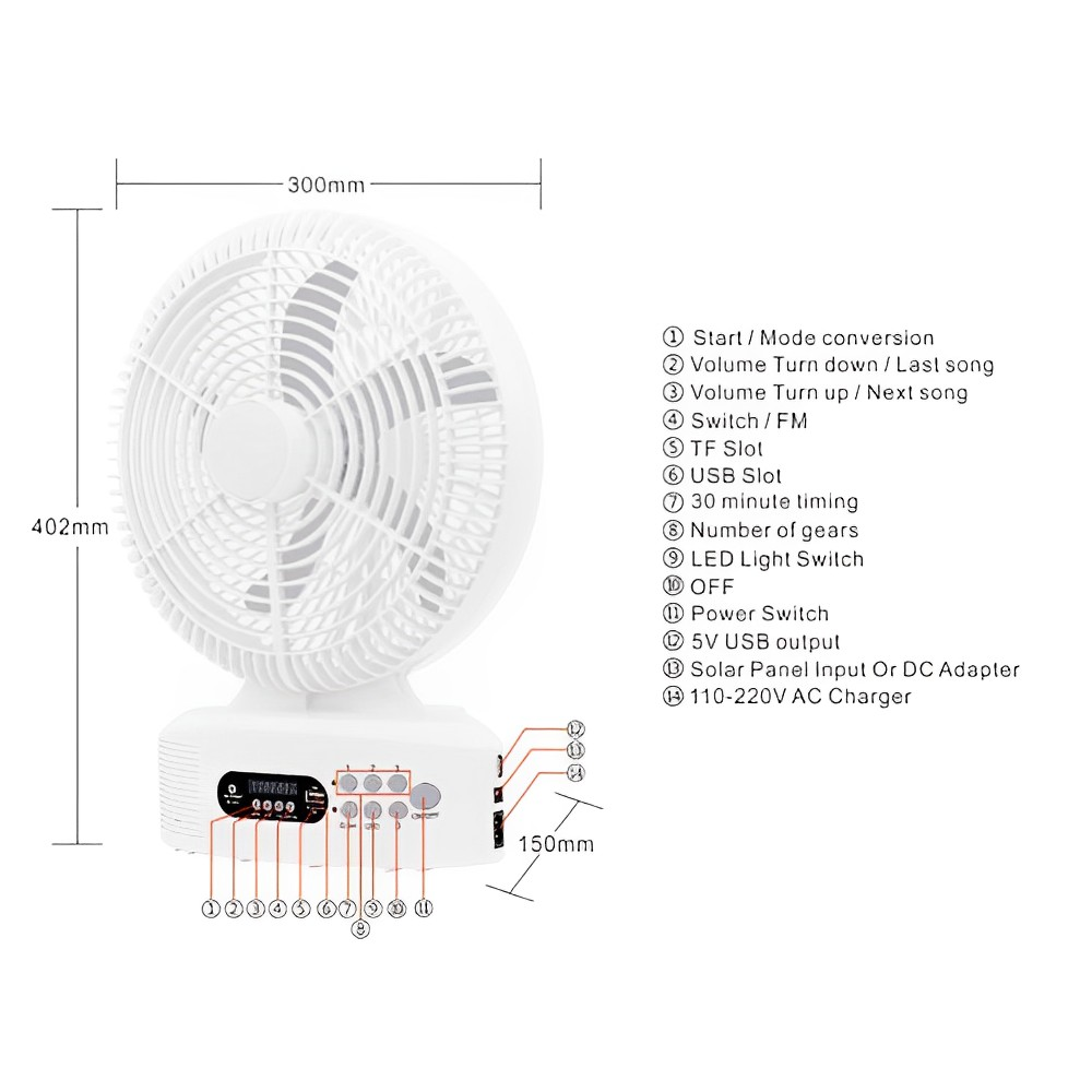 Ventilador Portátil Solar Radio Lámpara Led Convertidor 9v