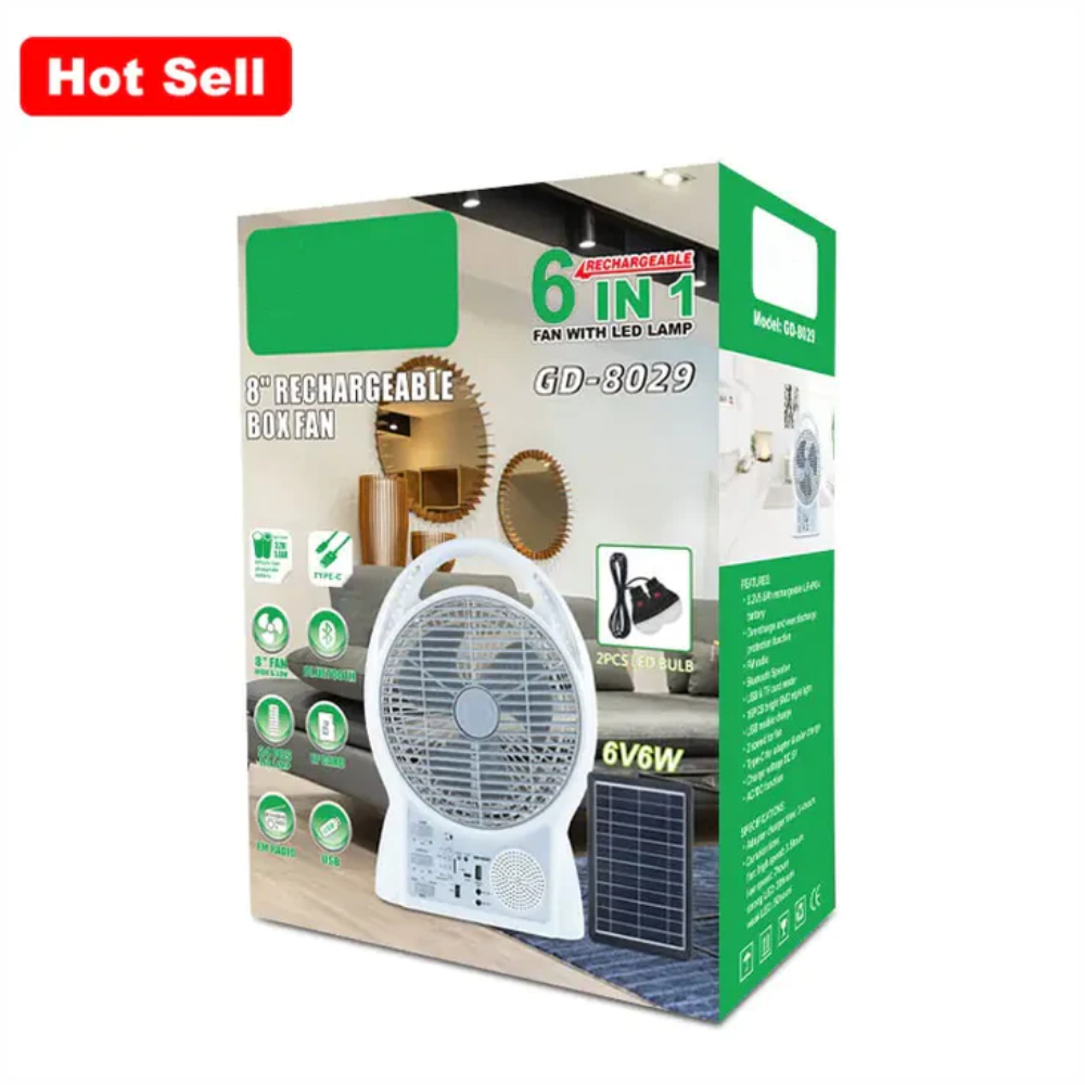 Ventilador Recargable Solar 6 En 1 Radio Fm Luz Led 8029