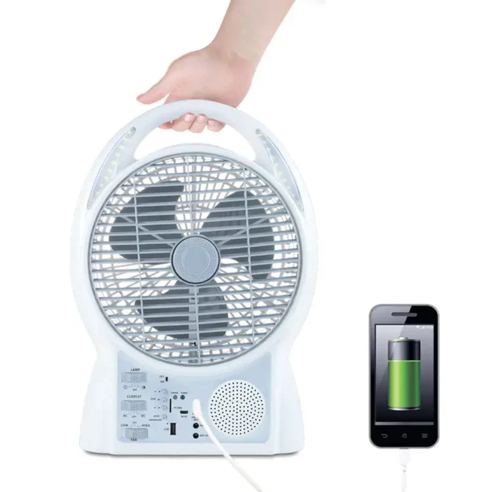 Ventilador Recargable Solar 6 En 1 Radio Fm Luz Led 8029