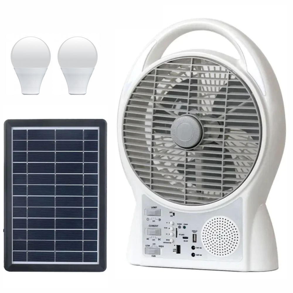Ventilador Recargable Solar 6 En 1 Radio Fm Luz Led 8029