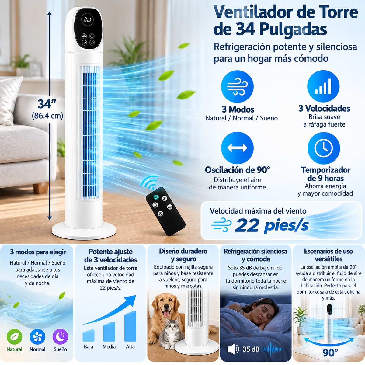 Ventilador Torre Recargable Control Remoto 3 Velocidades Digital