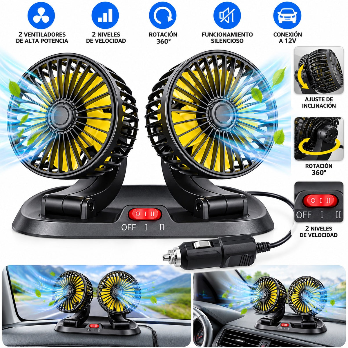 Ventilador Doble Cabezal Carro Oficina USB Graduable Aromaterapia